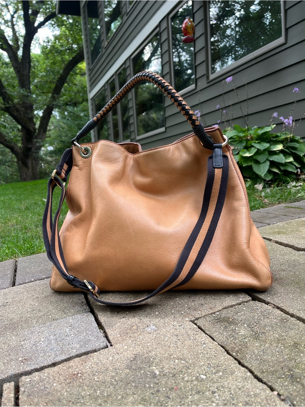 Mark & Graham Camel Leather tote braided leather strap, crossbody canvas strap
